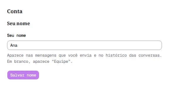 Página Conta de uma pessoa com o papel Atendente, só com a seção Seu nome.