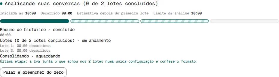 Página Eva durante a análise, com a barra de progresso e as etapas Resumo do histórico, Lotes e Consolidando.