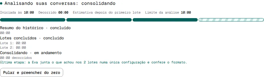 Página Eva na etapa Consolidando, a última da análise.