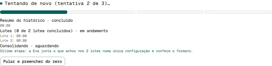 Página Eva com a mensagem Tentando de novo (tentativa 2 de 3) e a barra de progresso.