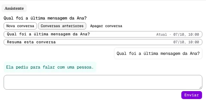 Painel Assistente com a lista Conversas anteriores, que marca a conversa aberta com Atual.