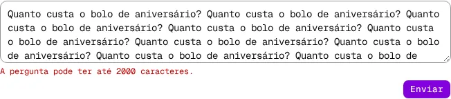 Campo de pergunta com um texto longo e o aviso A pergunta pode ter até 2000 caracteres.