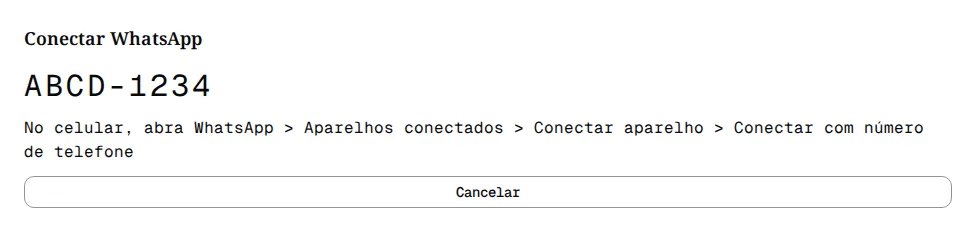 Página Conectar WhatsApp com o código ABCD-1234 e o caminho a seguir no celular.