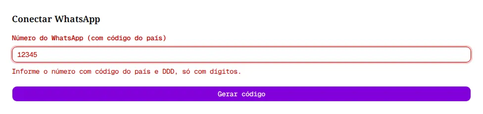 Formulário do número de telefone com a mensagem Informe o número com código do país e DDD, só com dígitos.