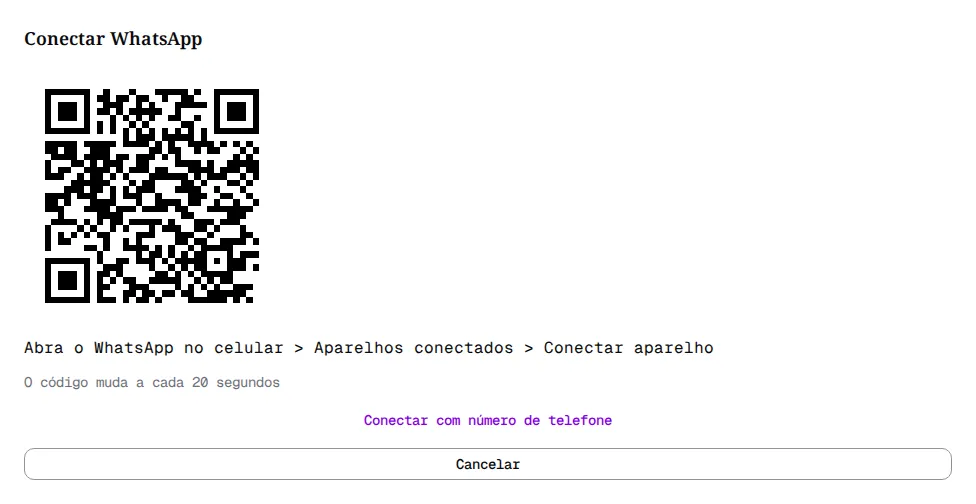 Página Conectar WhatsApp com o QR code, o caminho no celular e os botões Conectar com número de telefone e Cancelar.
