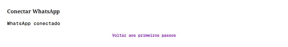 Página Conectar WhatsApp com a mensagem WhatsApp conectado e o botão Voltar aos primeiros passos.