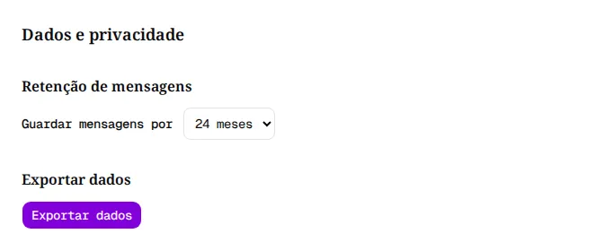 Página Dados e privacidade de um Administrador, com o prazo desativado e só a seção Exportar dados.