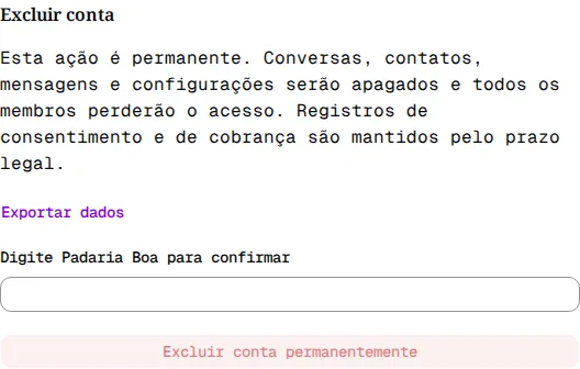 Seção Excluir conta pedindo o nome da conta para confirmar.