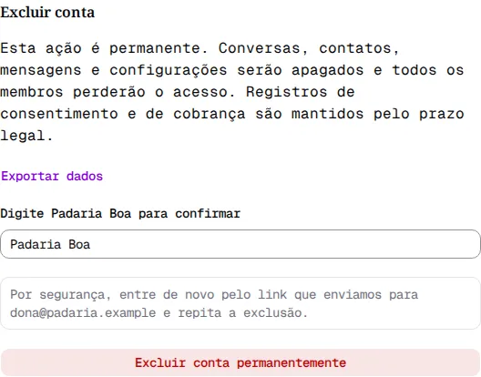 Seção Excluir conta com o pedido para entrar de novo pelo link enviado por e-mail.
