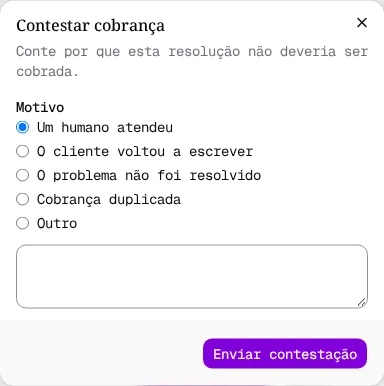 Janela Contestar cobrança com as opções de Motivo, o campo de detalhes e o botão Enviar contestação.