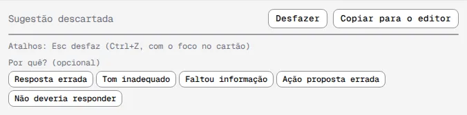 Faixa Sugestão descartada com os botões Desfazer e Copiar para o editor e os motivos de Por quê? (opcional).