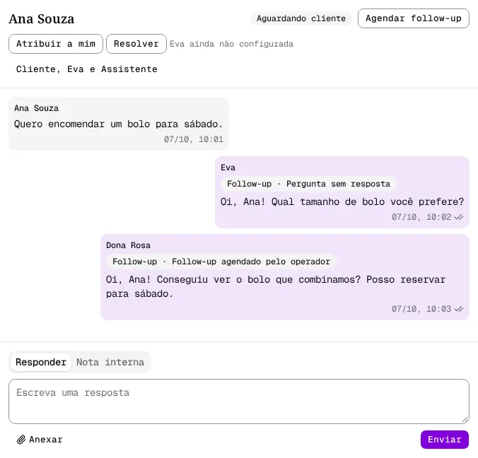 Conversa com um follow-up da Eva e um follow-up da equipe, cada um com a etiqueta Follow-up.