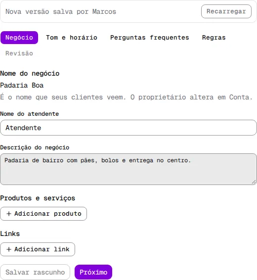 Formulário com o aviso Nova versão salva por Marcos e o botão Recarregar, com Salvar rascunho desligado.