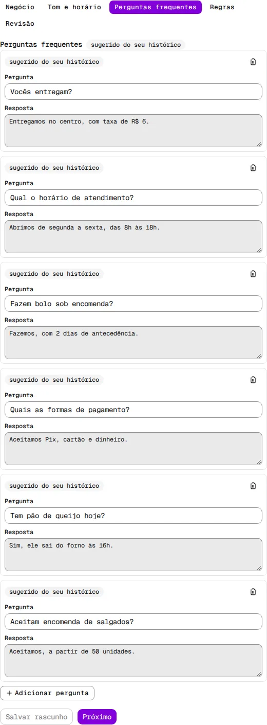 Formulário na etapa Perguntas frequentes, com seis perguntas, cada uma com Pergunta e Resposta.