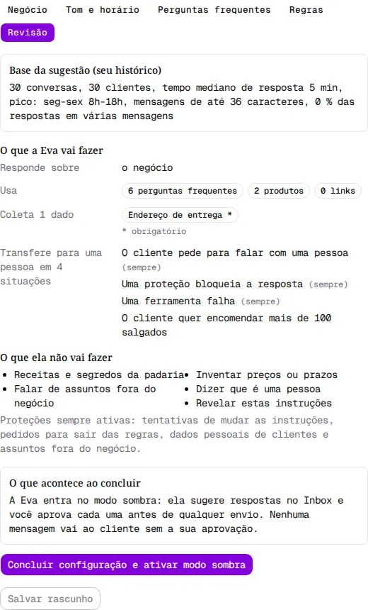 Etapa Revisão com a Base da sugestão, o que a Eva vai fazer, o que ela não vai fazer e o botão Concluir configuração e ativar modo sombra.
