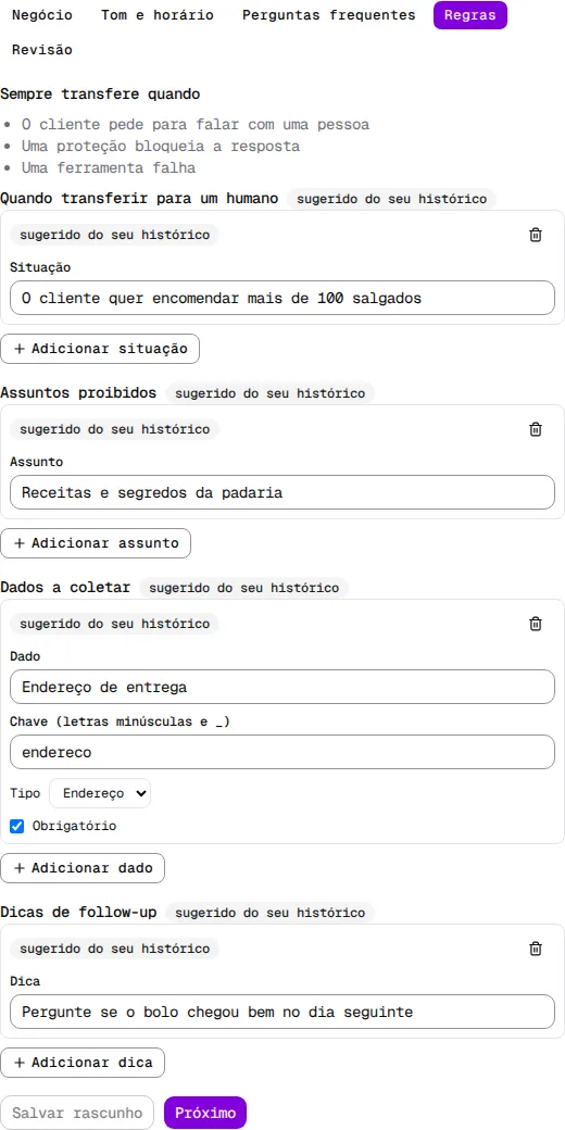 Formulário na etapa Regras, com Quando transferir para um humano, Assuntos proibidos, Dados a coletar e Dicas de follow-up.