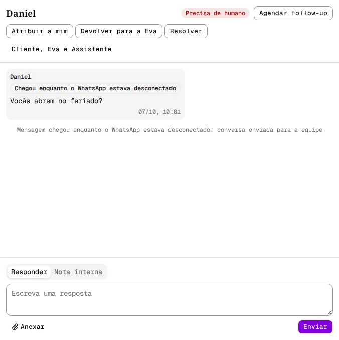 Conversa com a mensagem marcada Chegou enquanto o WhatsApp estava desconectado e a linha de transferência para a equipe.