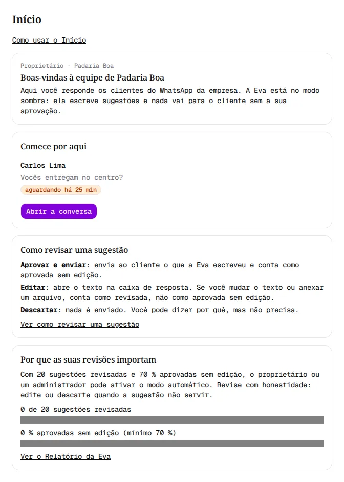 Início da primeira visita com as boas-vindas, Comece por aqui e Como revisar uma sugestão.