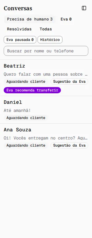 Lista de conversas com os marcadores Sugestão da Eva e Eva recomenda transferir.
