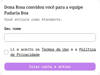 Página de convite para uma pessoa nova com o campo Seu nome e o aceite dos termos.