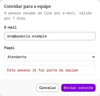 Janela Convidar para a equipe com a mensagem Esta pessoa já faz parte da equipe.