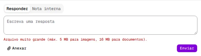 Caixa de resposta com o aviso Arquivo muito grande.