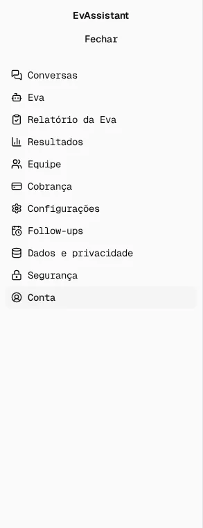 Menu aberto no celular, com o nome de cada item e o botão Fechar no alto.