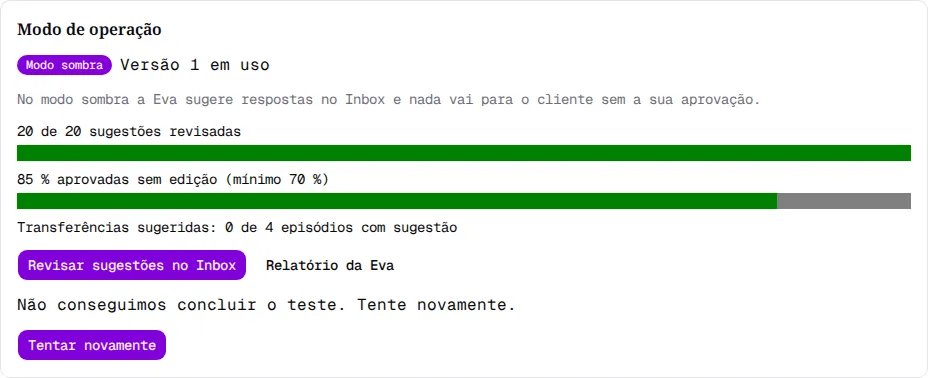 Seção Modo de operação com Não conseguimos concluir o teste e o botão Tentar novamente.