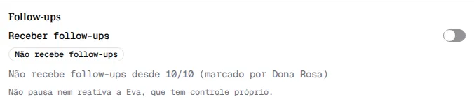 Seção Follow-ups com a chave desligada, o selo Não recebe follow-ups e a linha marcado por Dona Rosa.