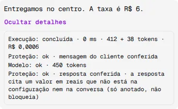 Detalhes de uma resposta com o estado da execução, os tokens, o custo e as etapas Proteção e Modelo.