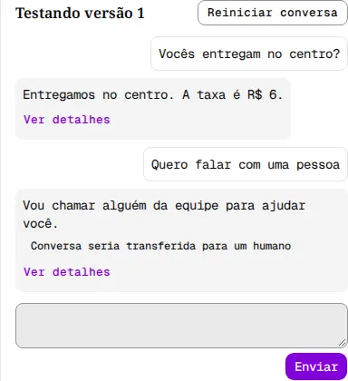 Playground com a resposta da Eva e a mensagem Conversa seria transferida para um humano.