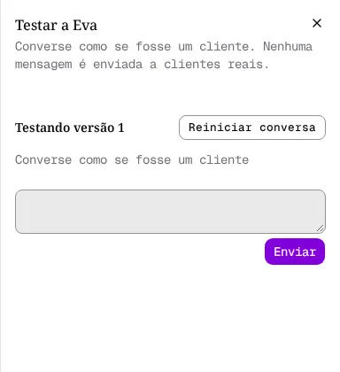 Painel Testar a Eva com o playground vazio e o botão Enviar.