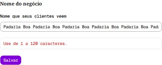 Seção Nome do negócio com um nome longo e a mensagem Use de 1 a 120 caracteres.