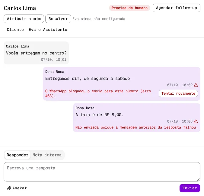 Conversa com uma resposta bloqueada pelo erro 463 e a parte seguinte não enviada.