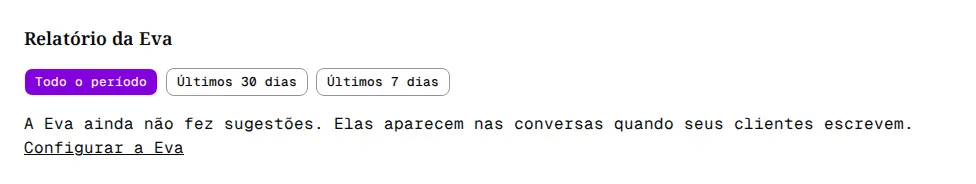Relatório da Eva com os botões de período e a mensagem A Eva ainda não fez sugestões.