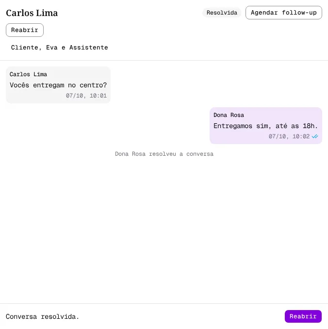 Conversa resolvida com o selo Resolvida, a linha Dona Rosa resolveu a conversa e o botão Reabrir.