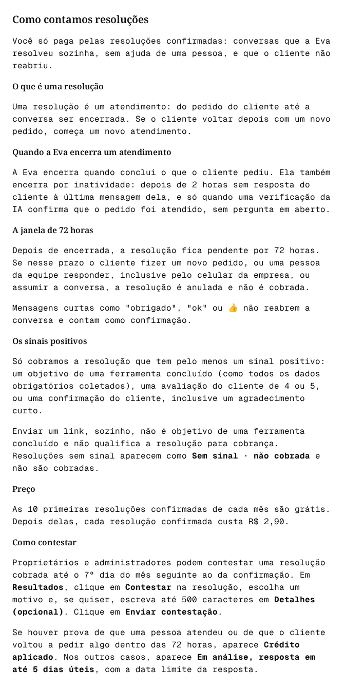 Página Como contamos resoluções do app, com as regras de resolução, a janela de 72 horas, os sinais positivos, o preço e a contestação.