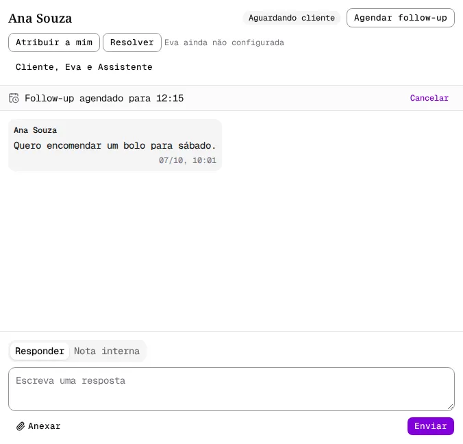 Conversa com a faixa Follow-up agendado para 12 e o botão Cancelar.