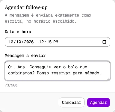 Diálogo Agendar follow-up com Data e hora, Mensagem a enviar e o contador de caracteres.