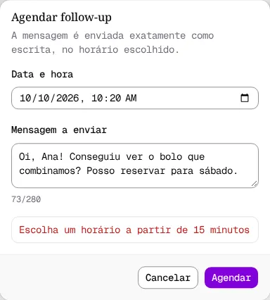 Diálogo com a mensagem Escolha um horário a partir de 15 minutos.