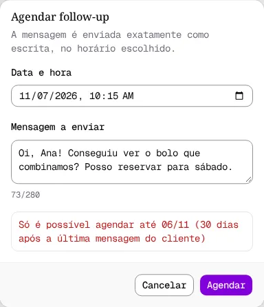 Diálogo com a mensagem sobre os 30 dias após a última mensagem do cliente.