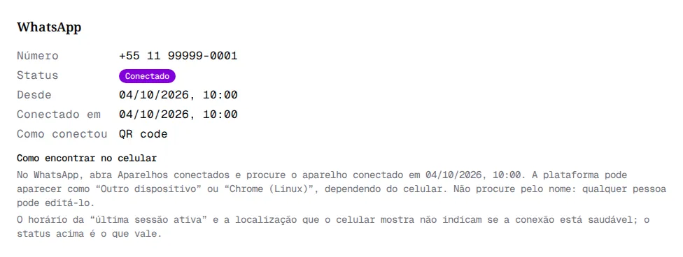 Página WhatsApp de um Atendente com o status e a seção Como encontrar no celular, sem botões.