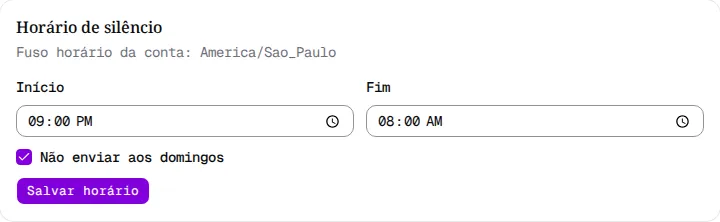 Cartão Horário de silêncio com Início, Fim e Não enviar aos domingos.