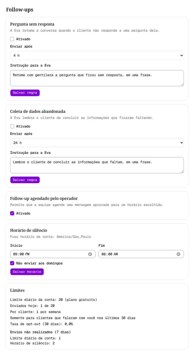 Página Follow-ups com as regras, o horário de silêncio e os limites.