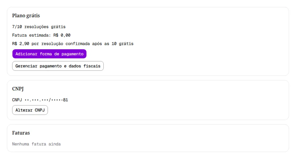 Página Cobrança com o CNPJ salvo e o botão Adicionar forma de pagamento ativo.