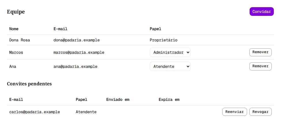 Página Equipe com os membros, os papéis e um convite pendente.